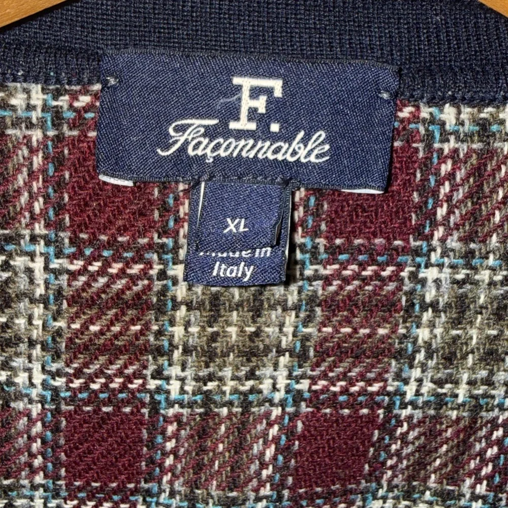 Faconnable Dark Navy Zip-Up Sweater with Plaid Shoulders - XL